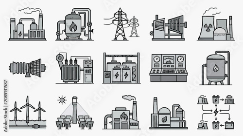 Sleek Monochromatic Icons Showcasing Various Types of Energy Production and Industrial Equipment in Black and White