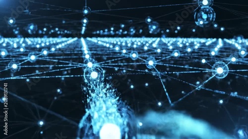 Abstract glowing digital network connections with light particles in a futuristic data stream, representing technology and connectivity