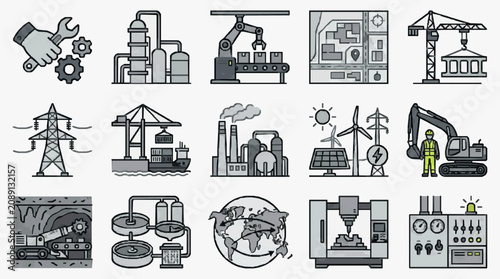 Professional Monochrome Icons Set Featuring Industrial Machinery Construction Energy Manufacturing and Global Logistics