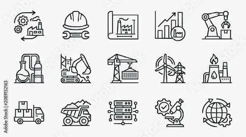 Elegant Black and White Line Icons Set Featuring Industrial Manufacturing Technology and Global Concepts