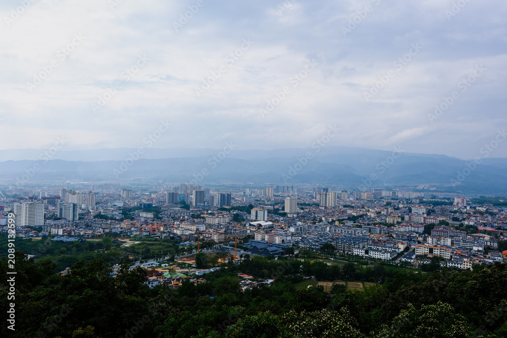 Fototapeta premium City skyline from hillside under cloudy sky