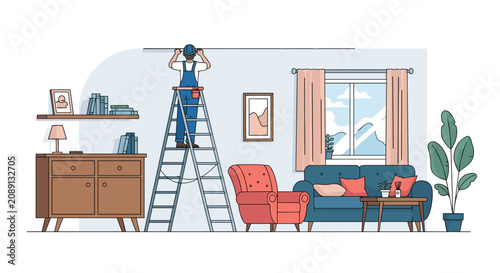 Professional construction worker standing on a high stepladder while painting the ceiling of a cozy living room.