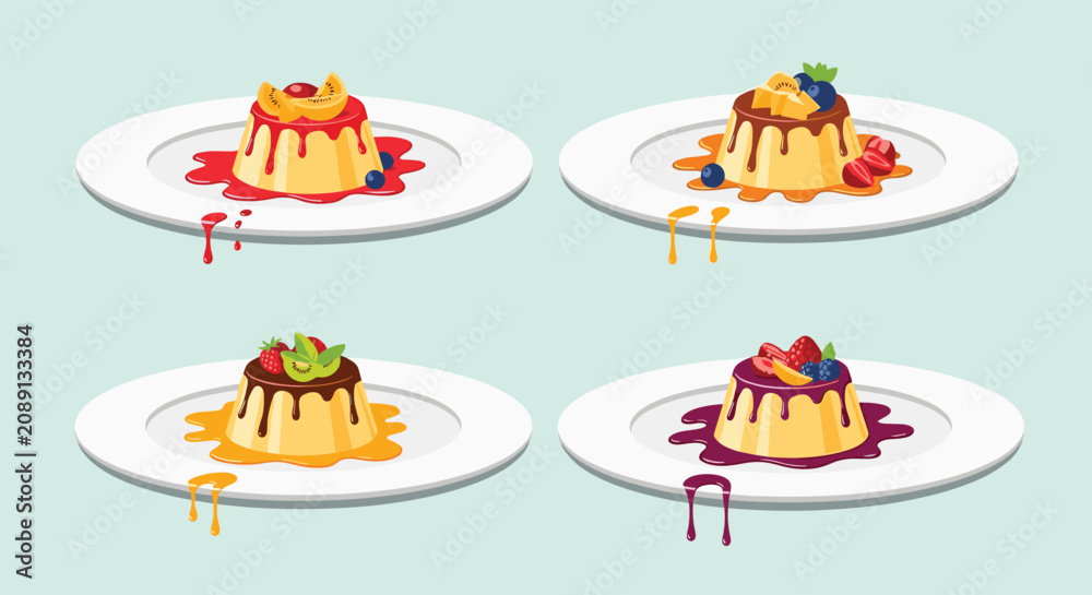 Fototapeta premium Exquisite caramel custard puddings decorated with fresh fruit toppings and dripping berry sauces on white plates.