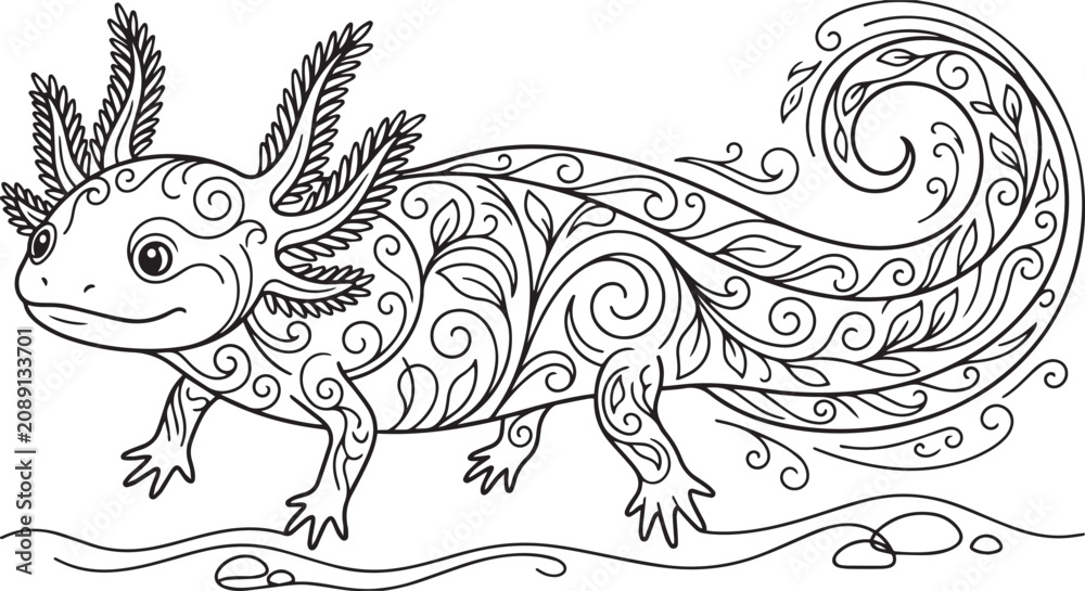 Obraz premium Ornate Floral Axolotl Coloring Page Vector Illustration
