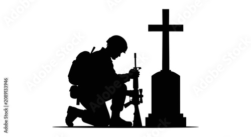 Silhouette of a soldier kneeling with rifle beside a cross grave marker with depicts black silhouette marker white background kneeling weapon