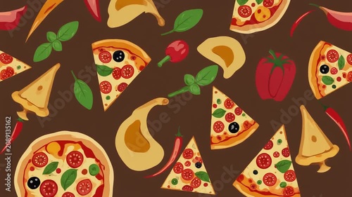 Seamless Pizza Pattern Background with Slices and Fresh Ingredients