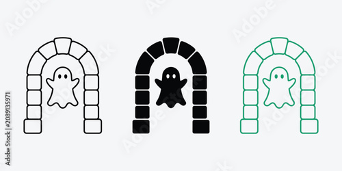 Obraz na plátne Ghost inside stone archway icon set in linear and silhouette styles