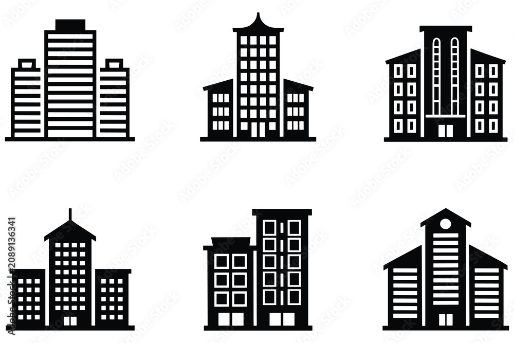 Fototapeta premium Set of architectural building icons representing modern skyscrapers and urban corporate structure