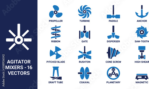 Bild auf Leinwand Comprehensive Vector Icon Set of Industrial Agitator Mixers and Impellers for Ch