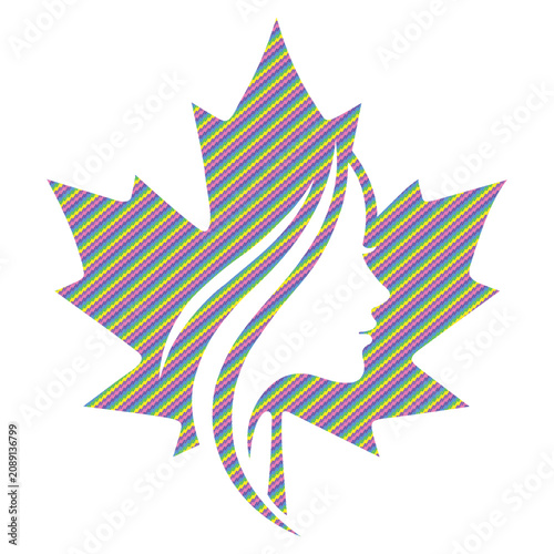 Halftone Dot Woman Face Maple Leaf Logo Vector for Beauty Salon, Hair Studio, Spa, Cosmetic Packaging and Fashion Identity.