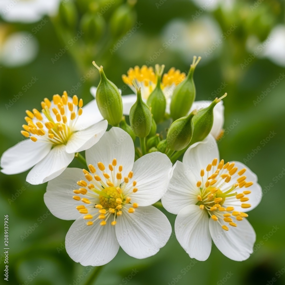 Obraz premium Parnassia palustris flowers with white petals and yellow stamens in bloom.