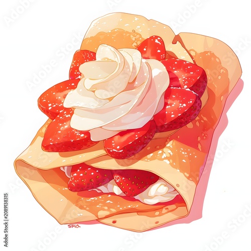 Fresh Berry Crepe Filled With Strawberries and Whipped Cream Illustration