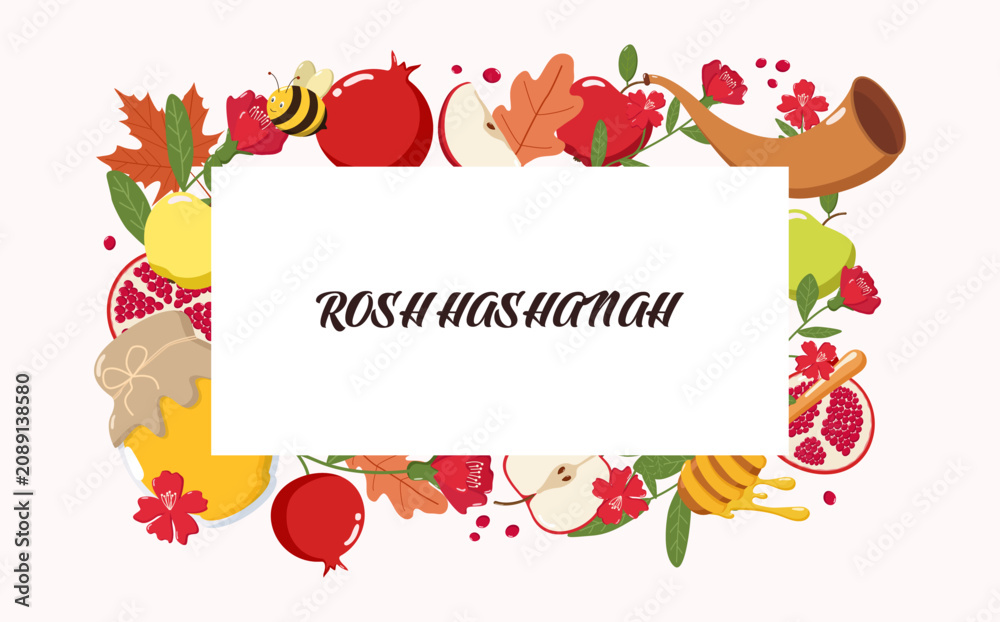 Fototapeta premium Colorful Rosh Hashanah illustration with apples, honey, pomegranates, shofar, bee, and flowers, celebrating Jewish New Year traditions and blessings