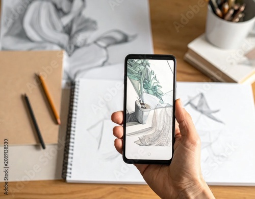 hand holding smartphone capturing artistic pencil sketch of nature, creative process, digital documentation, hobby, sketching, drawing tools