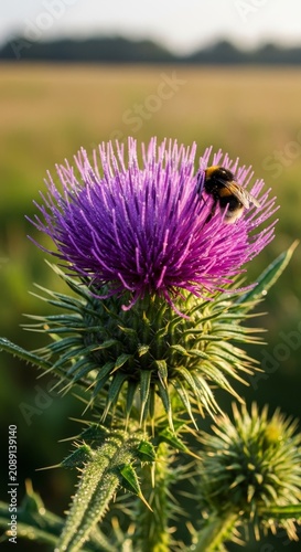 Bumblebee on a Thistle Flower in a Field at Sunset.