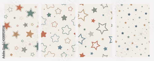 Modern seamless star pattern collection featuring outline stars, hand drawn stars, thick outline stars,  minimalist geometric elements. Trendy kids repeating backgrounds for kids textiles, fabric