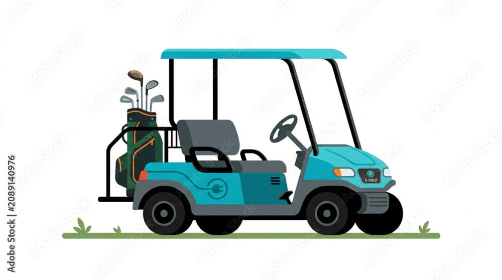 Fototapeta premium A bright teal golf cart with a bag of clubs is parked on green grass against a clean white background, ready for a round of golf