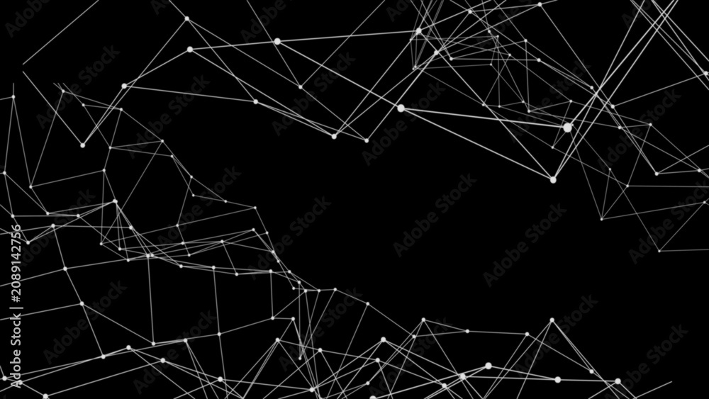 Fototapeta premium Abstract technology plexus background. White digital network lines and connected dots on black backdrop. Cybernetic grid structure for scientific and tech presentations.