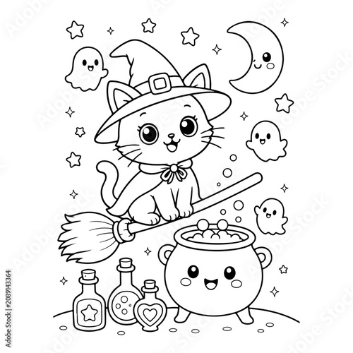 Halloween cat, witch cat, black and white, coloring page, vector illustration, spooky kitten, broomstick, cauldron