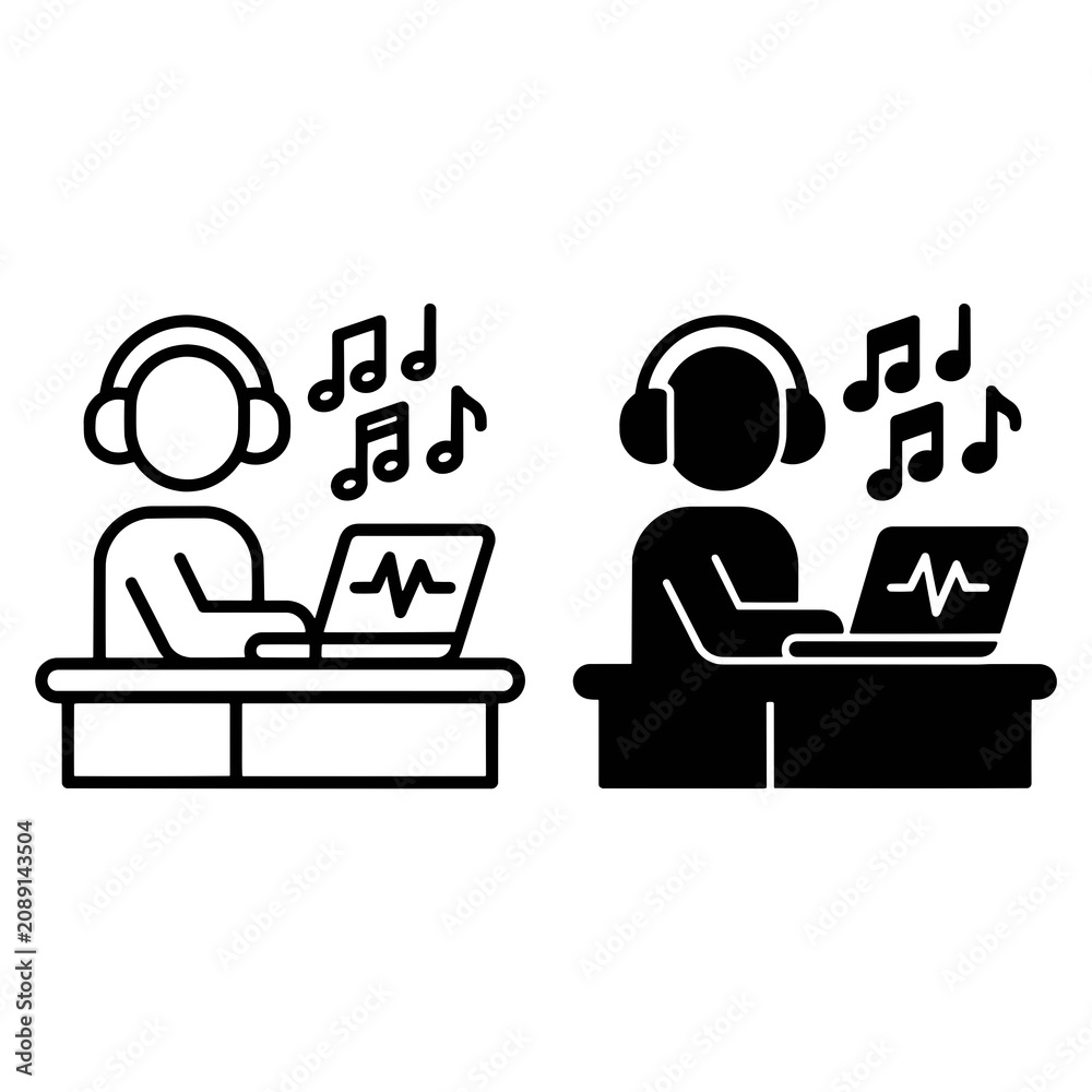 Fototapeta premium Minimalist Line Art and Solid Silhouette Icons Depicting a Person Working on Music Production Using a Laptop and Headphones