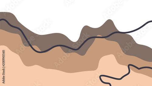 Modern rustic fluid landscape background. Wavy layers in brown and beige with charcoal black linear accents. Great for aesthetic presentations.
