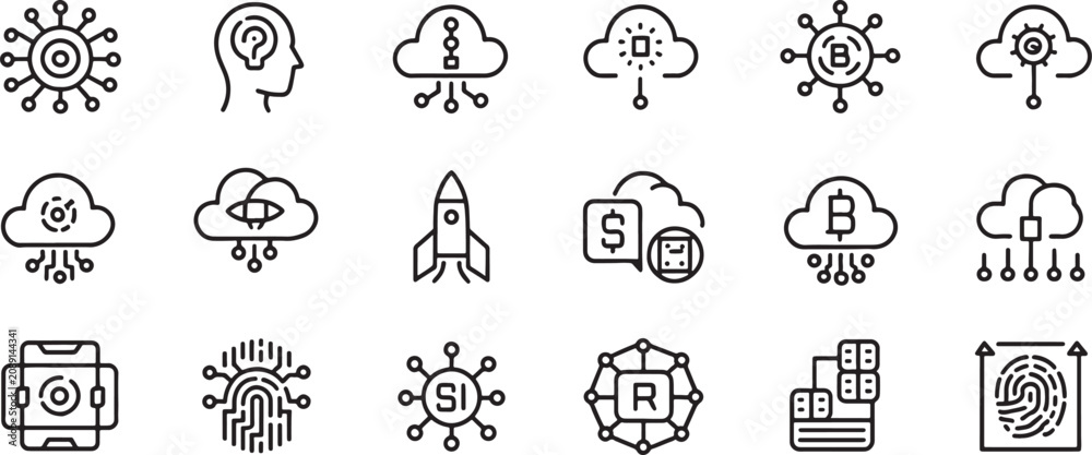 Fototapeta premium Technology Cloud and Digital Security Icons Set with Network, Key, Fingerprint, Cloud Computing and Encryption Symbols