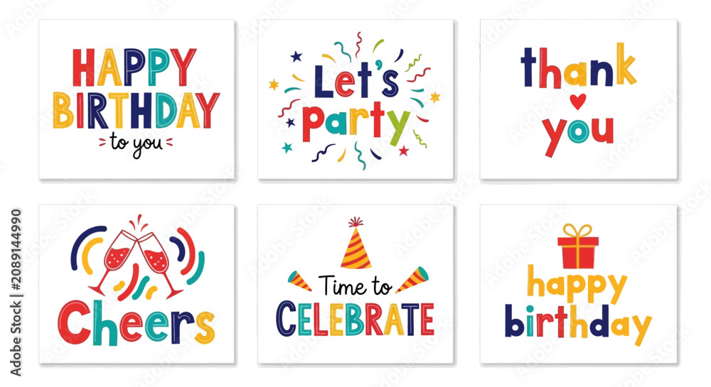 Fototapeta premium Vibrant birthday celebration graphics displayed on colorful cards
