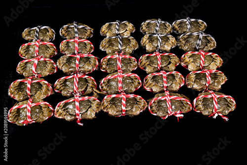 Yangcheng Lake Hairy Crabs from Suzhou Tied with Ribbons Ready for Market