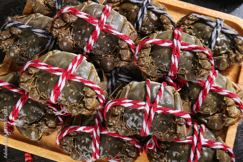 Fresh Yangcheng Lake Hairy Crabs from Suzhou China Tied with Red Rope in Wooden Basket