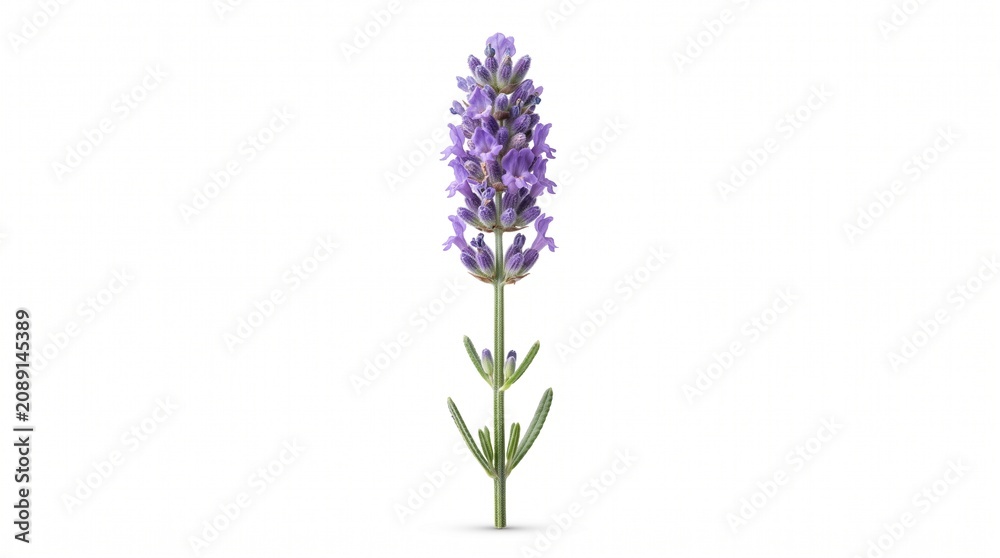 Obraz premium Fresh blooming lavender flower stem isolated on white, ideal for botanical, aromatherapy, herbal, wellness, and floral design projects.