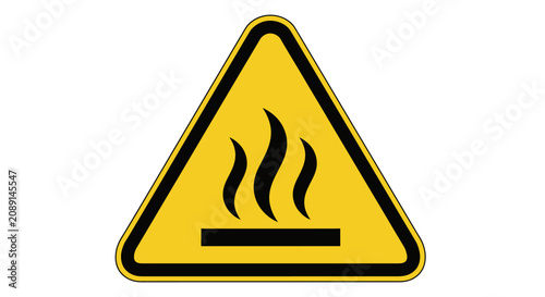 A warning sign displays a hot surface with steam rising.