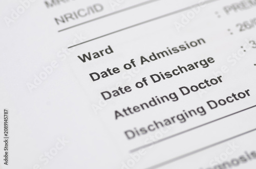 Close up of hospital admission and discharge patient medical form