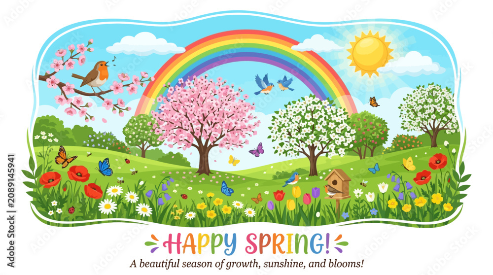Naklejka premium Vibrant spring scene with rainbow over blooming flowers and trees in sunshine