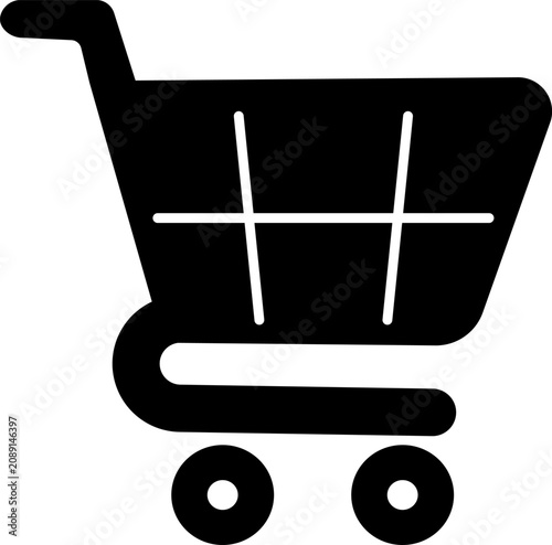 Black shopping cart basket icon isolated on white background, e-commerce retail store trolley symbol for digital marketing, online commercial purchase vector graphic element