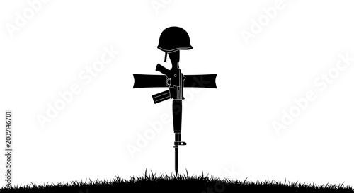 Fotografía Black silhouette of a military helmet and rifle crossed on a sword grave marker