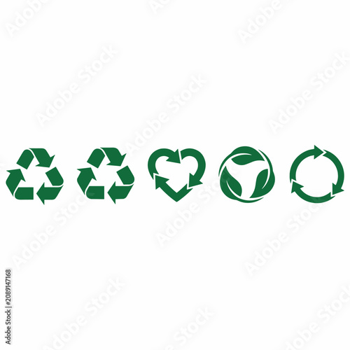 A collection of five distinct green recycling symbols, including classic arrow triangles, a heart shape, and a design with leaves, all promoting environmental sustainability.
