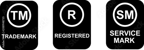 Intellectual property symbols set with rounded square backgrounds, trademark and registered and service mark text labels, legal branding vector graphic icons
