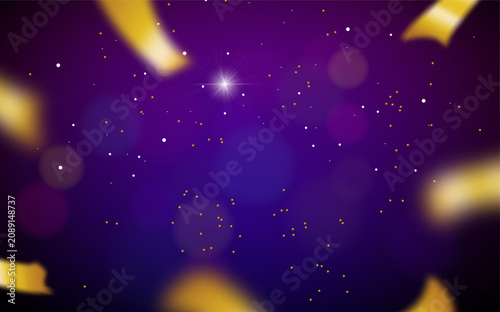 Vibrant purple background with falling golden confetti and shimmering bokeh lights perfect for luxury festive celebrations and holiday parties.
