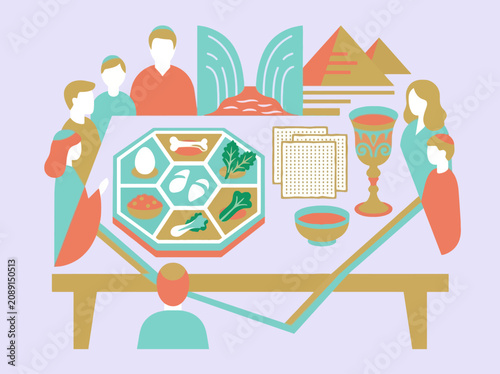 Illustration of a family gathered for a traditional holiday dinner