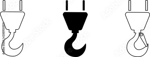 Industrial crane hook icons set on a clean white background, lifting equipment symbols in outline and solid vector styles, construction safety tool graphic elements