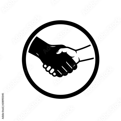 black and white icon depicting a firm handshake between an adult and a child inside a circular frame, symbolizing trust, partnership, hope, and the empowerment of the younger generation.
