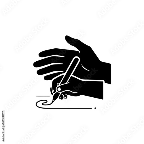 black and white silhouette icon of a child's hand engaged in writing, with the larger, protective shadow of an adult hand encompassing it, representing guidance, mentorship, and the nurturing presence