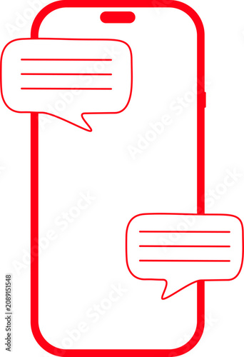 Red line art smartphone with chatting speech bubbles, mobile device outline for online conversation, minimalist digital communication illustration on blank background