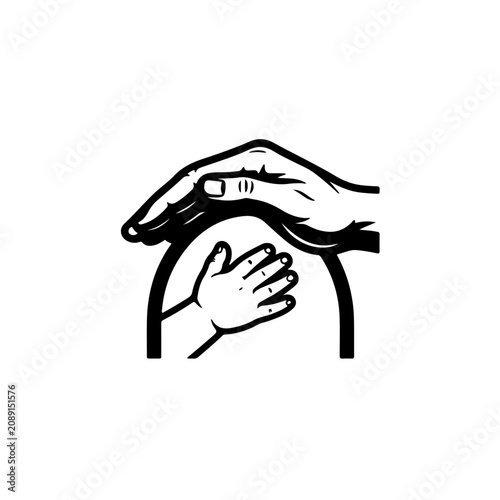 black and white icon showing large, protective adult hands cupping small child hands in a canopy shape, symbolizing safety, care, guidance, and the nurturing of the next generation.
 