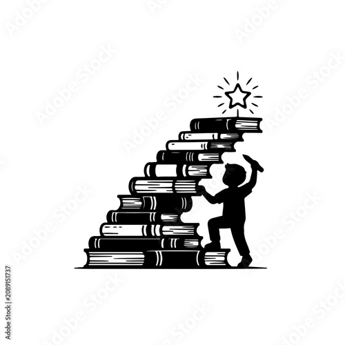 black and white icon featuring a stack of books arranged as steps of a staircase, symbolizing education as the pathway to success and rising above poverty.
