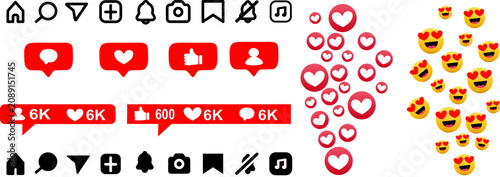 Social media icon set with likes hearts and emojis, interface elements for network engagement, vector illustration of notification counters and reaction symbols