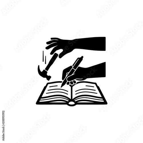 silhouette illustration showing a child's hand transitioning from holding heavy industrial tools to a pencil and open book, representing the concept of replacing child labor with education 