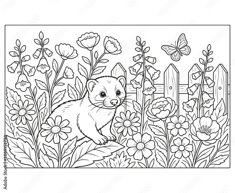 Fototapeta premium Small ferret sitting in garden among flowers and butterflies near wooden fence.