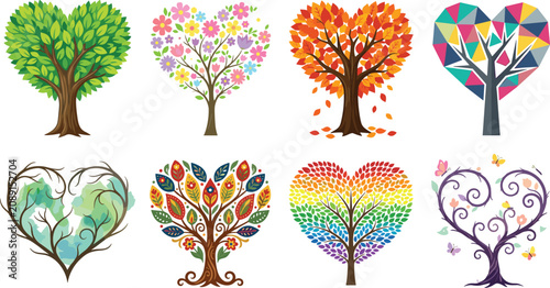 Tableau sur toile Creative collection of heart-shaped tree vector designs with seasonal leaves, fl