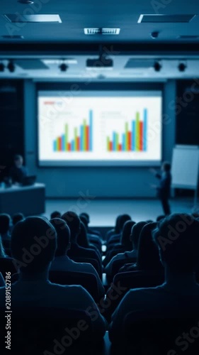 Corporate business presentation in a dark conference hall with a professional speaker showing data charts to an attentive audience